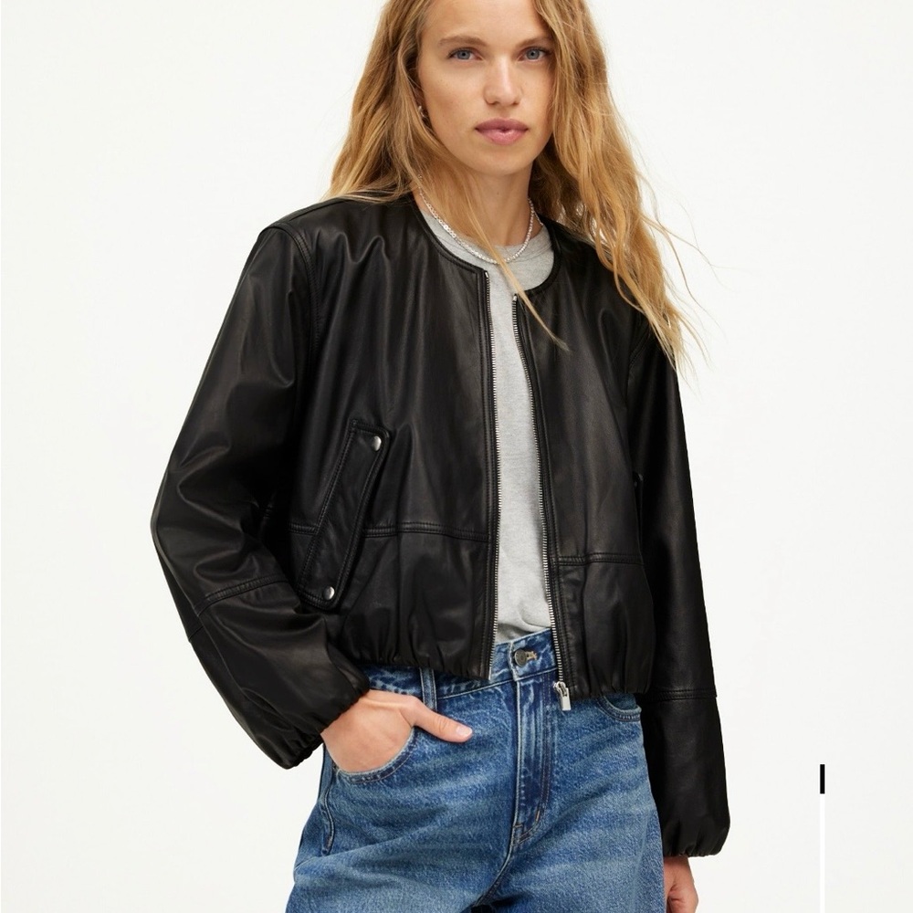 Madewell Black Lambskin Bubble-Sleeve Cropped Jacket NWT